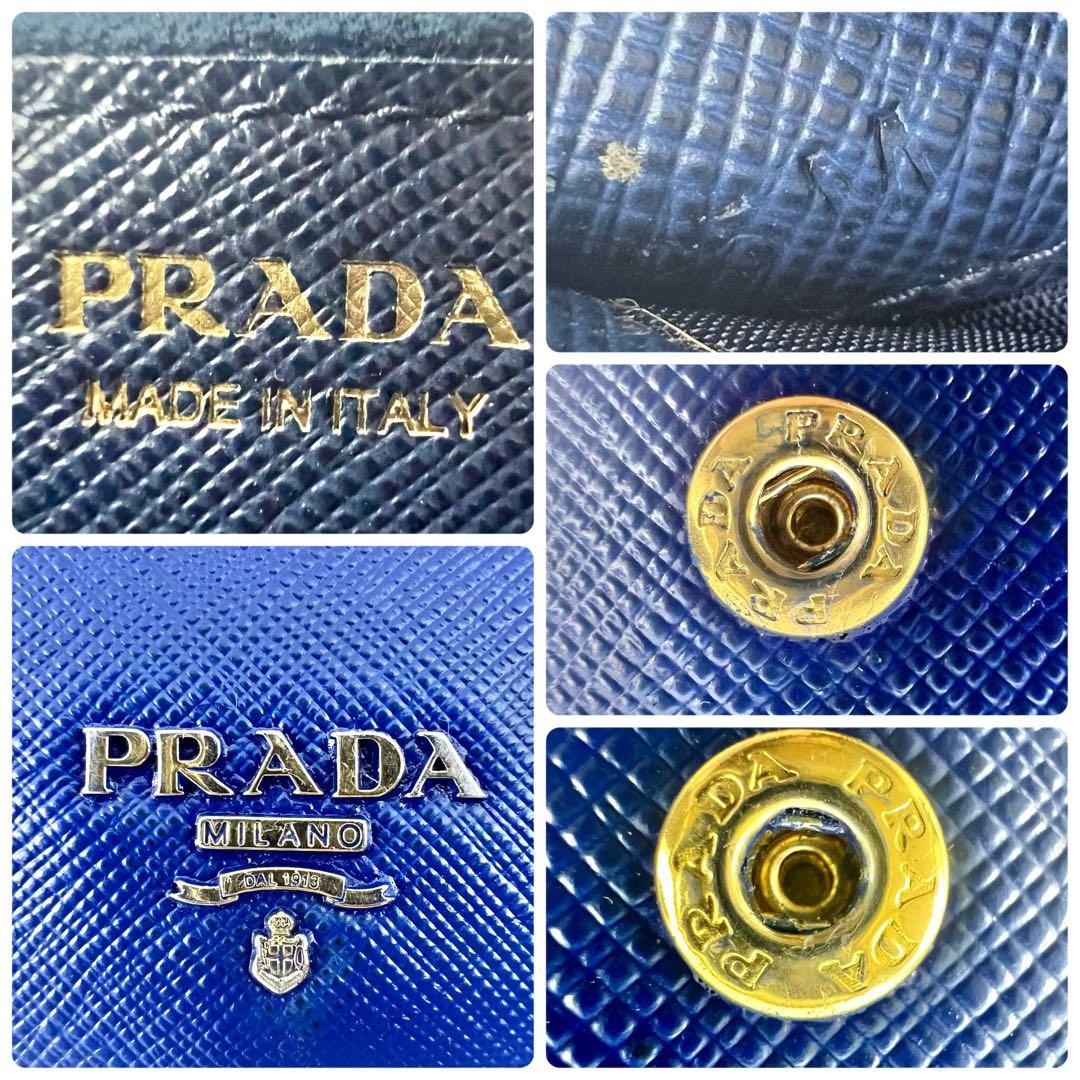 PRADA　サフィアーノレザー　青系　ゴールド　長財布　メタルロゴ　二つ折り
