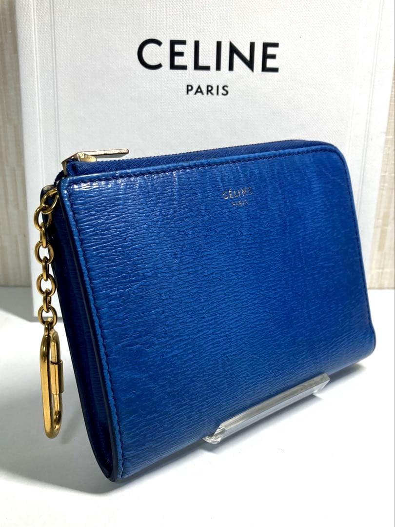 セリーヌ　レザー　キーリング付き　L字ファスナー ケース　財布　ブルー系