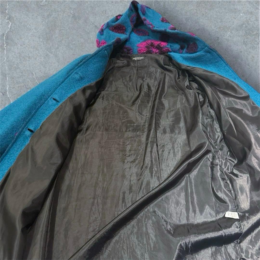 イタリア製　パネルマルチ花柄圧縮ウールコート　スタンド襟　ミドル丈　ターコイズ