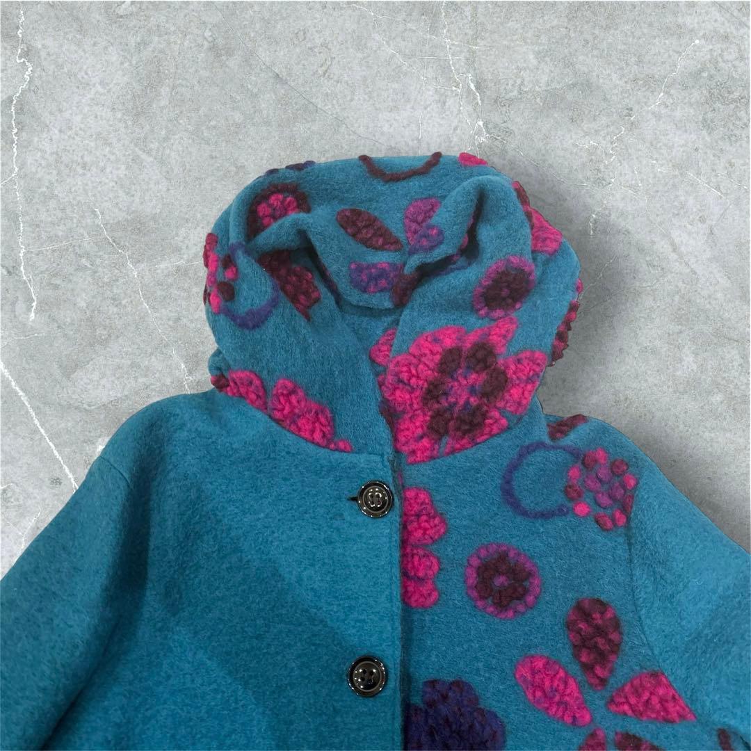 イタリア製　パネルマルチ花柄圧縮ウールコート　スタンド襟　ミドル丈　ターコイズ