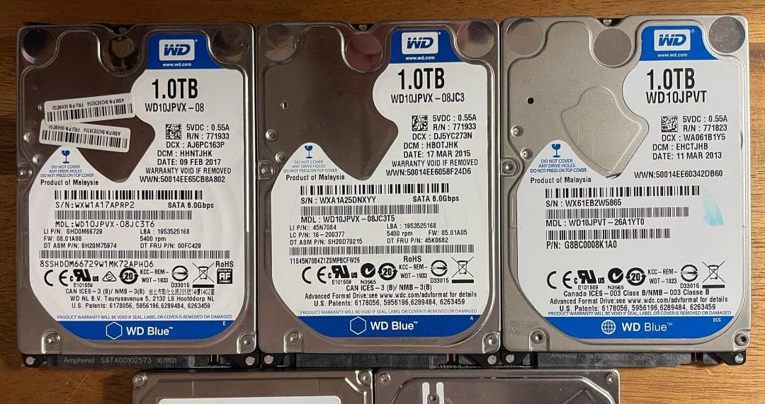 5枚セット WDC 東芝 HGST 2.5インチ HDD 1TB 厚さ9mm