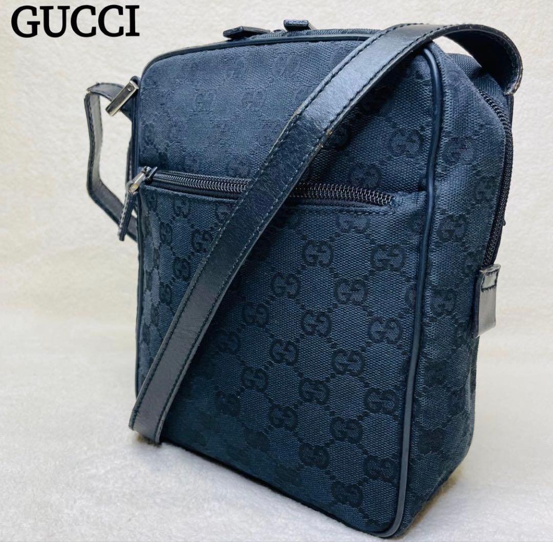 GUCCI グッチ ショルダーバッグ GGキャンバス レザー ブラック 黒