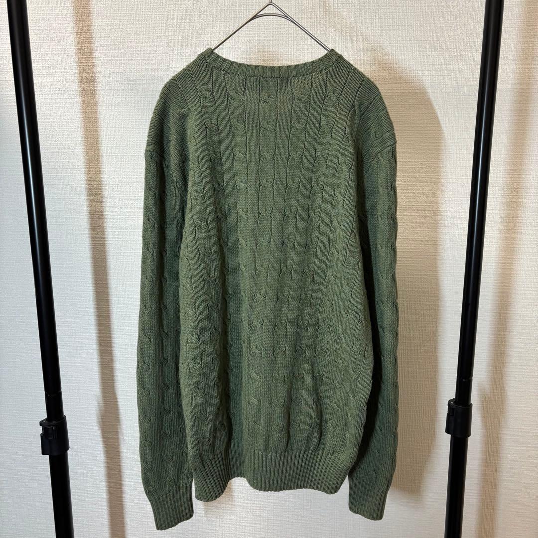 ポロラルフローレン シルク100% ケーブルニットセーター ロゴ刺繍 カーキ M