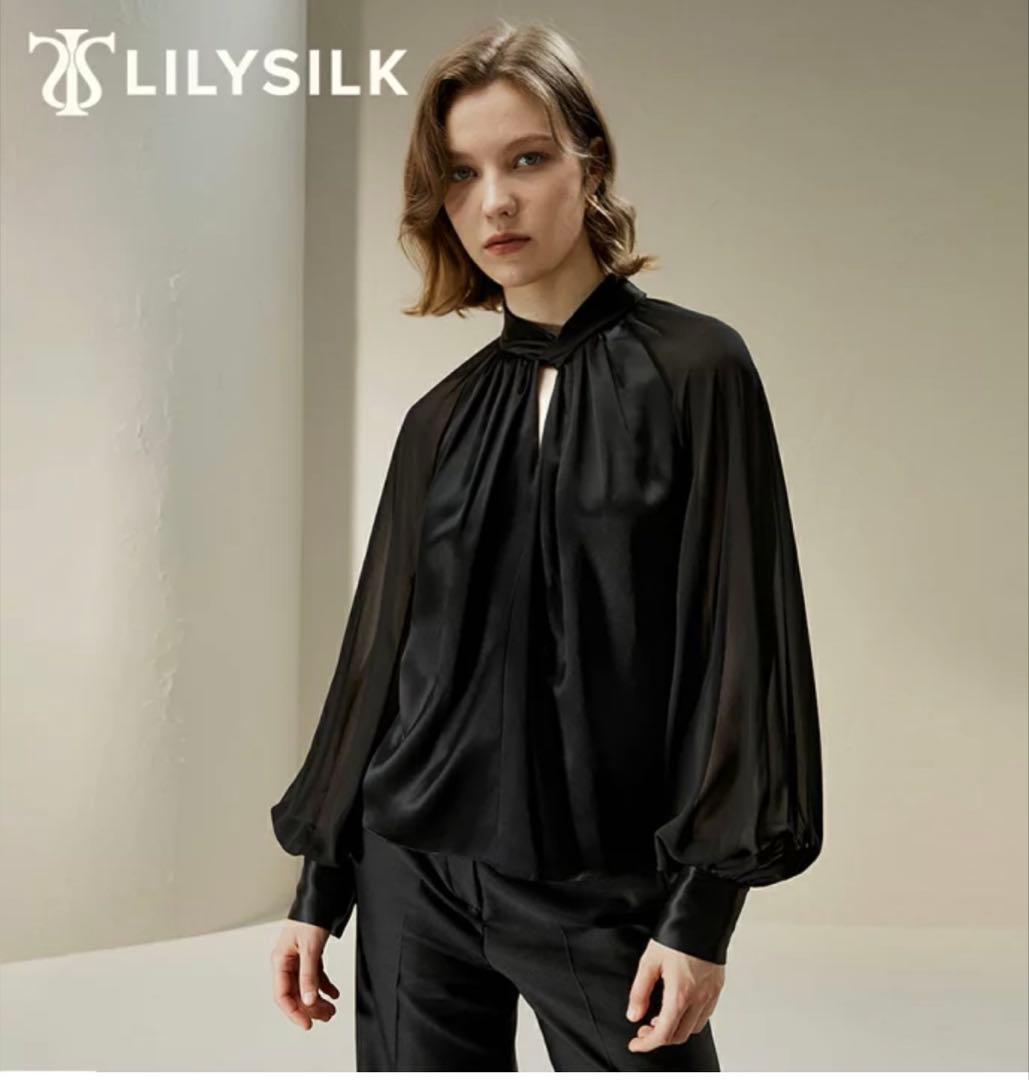 LILYSILK シルク ブラウス M 黒 ボリュームスリーブ 長袖