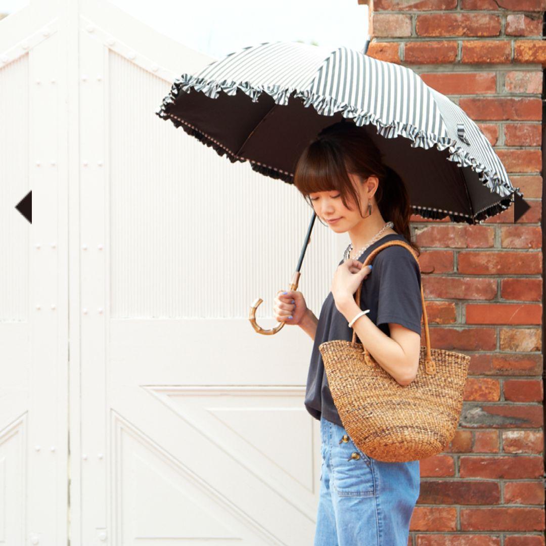 サンバリア　日傘　長傘　Mサイズ フリル 白黒ストライプ バンブー