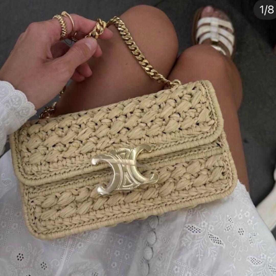 CELINE ラフィアバッグ CLAUDE チェーンショルダーバッグ カゴバッグ