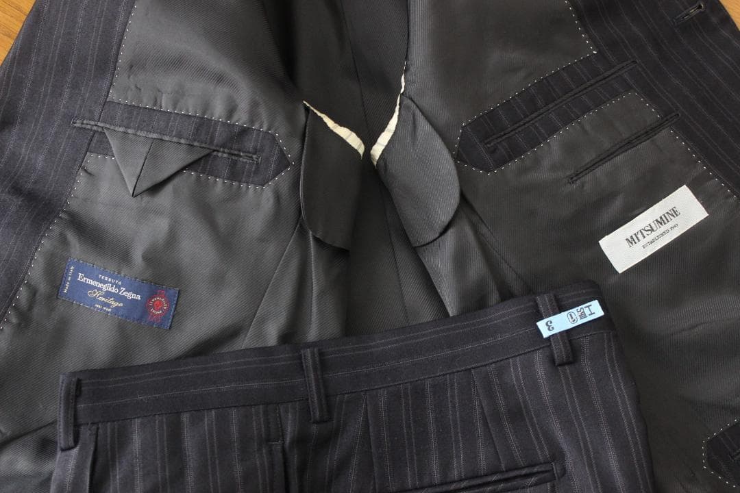 04【美品】ミツミネ × ゼニア スーツ A5 メンズ M 濃紺ブルーストライプ