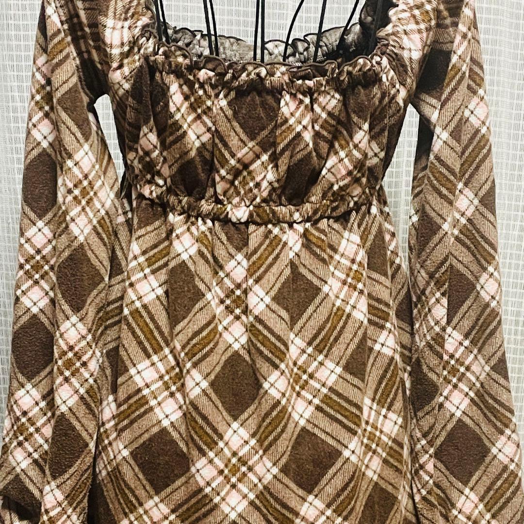 00s 希少　LIZLISA✨（リズリサ）茶色チェック オフショルワンピース