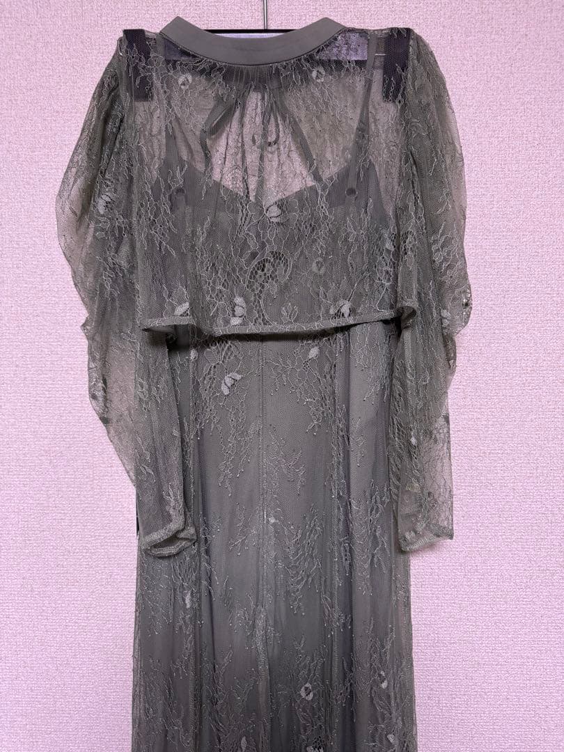 ボレロキャミワンピースレイヤード総レースパーティードレス グリーン　ほつれあり