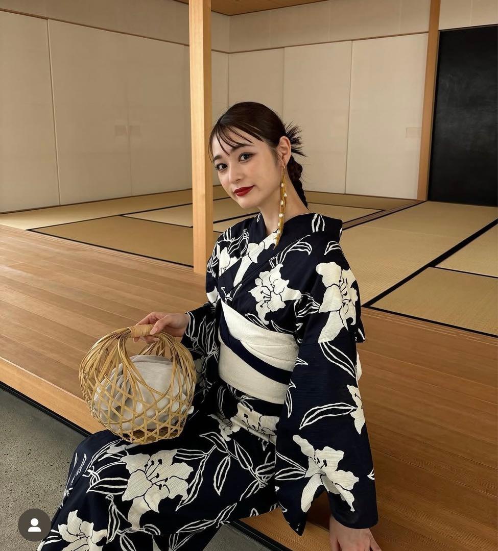 【utatane×Acka.】浴衣3点セット 百合 navy ネイビー