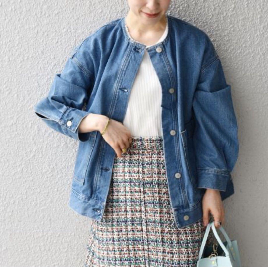 SHIPS any ノーカラー デニム ブルゾン デニムジャケット ブルー