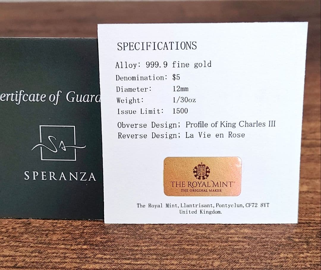 新品SPERANZA純金ラヴィアンローズ1/30ozペンダントトップ限定品