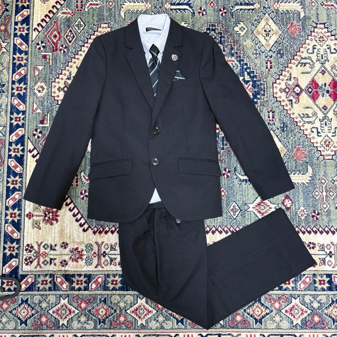 【美品】キッズフォーマル スーツ 150 卒業式 男の子 ネイビー チェック