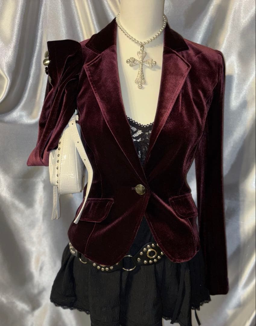 ダークコア gothic y2k ゴスロリ ベロアジャケット ワイン グランジ