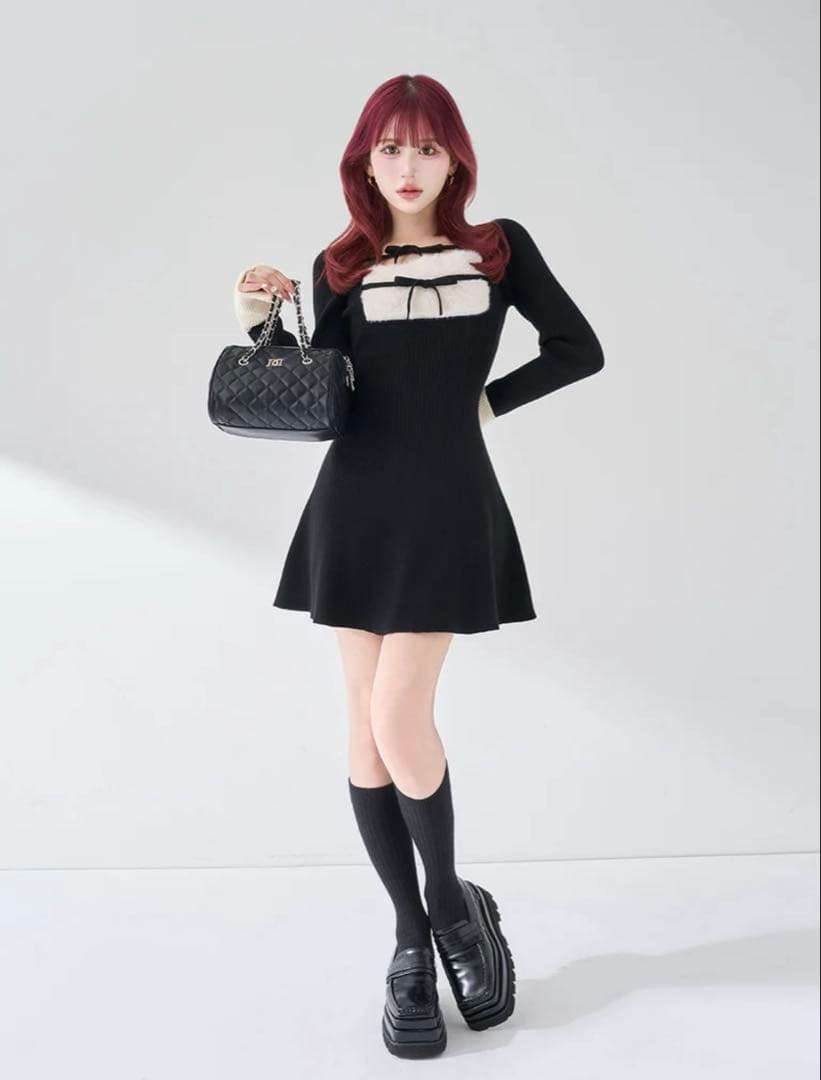 Darich リボンファーフレアニットミニワンピース Freesize