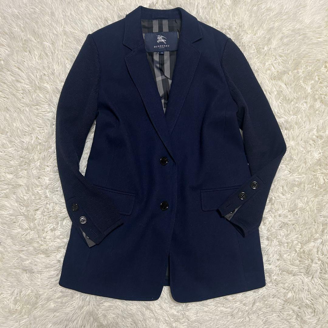 バーバリーロンドン　テーラードジャケット　チェック　ニット切替 ネイビー　38