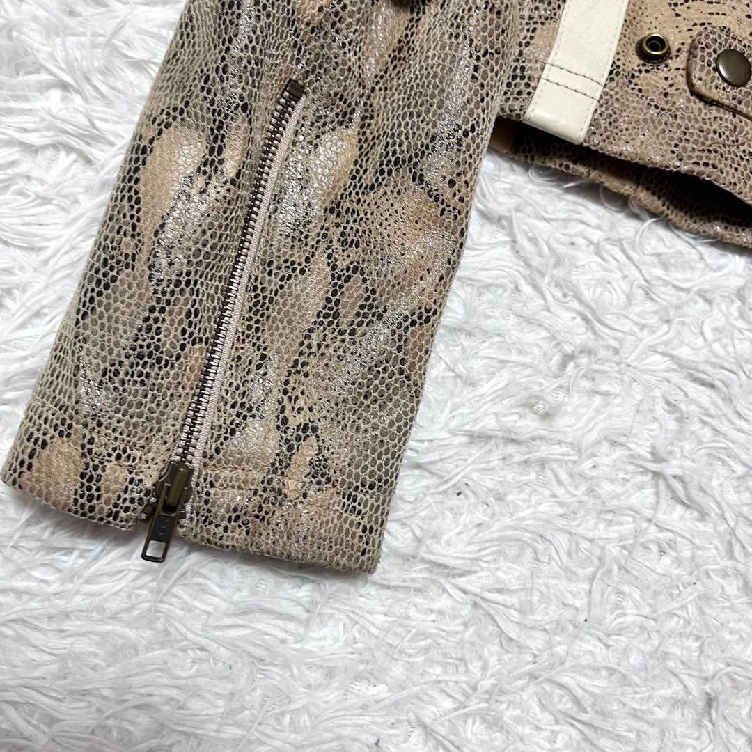 【希少!】パイソン柄 本革 シングルライダースジャケット 裏地ロゴ バッグロゴ