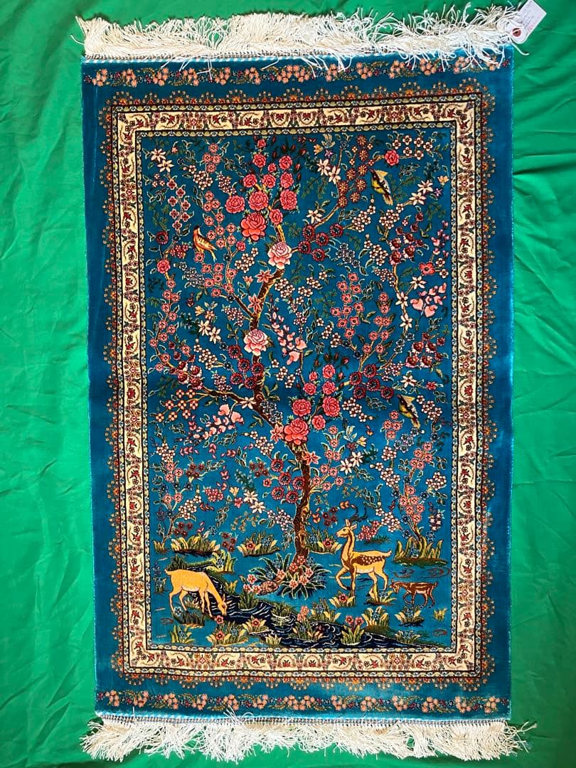 ペルシャ絨毯 青柄シルク 90cm×58cm