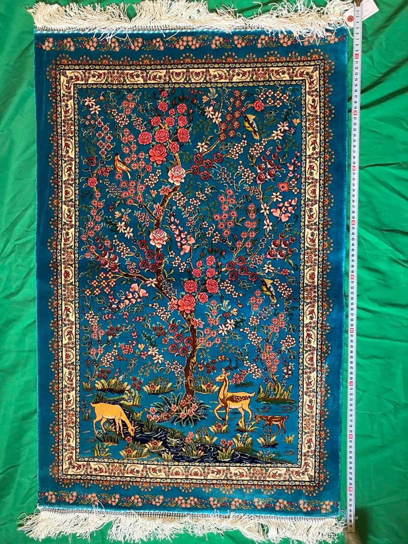 ペルシャ絨毯 青柄シルク 90cm×58cm