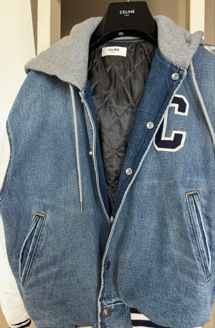 CELINE ルーズ テディ レザー切り替え ロゴパッチ フード付き デニム