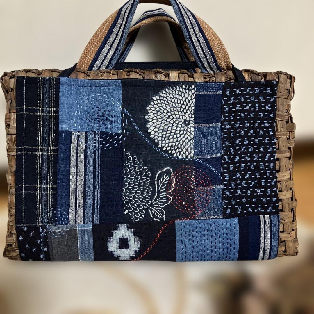 山葡萄国産かごバック腰籠ハケゴ擦れ防止布刺し子藍染め古布手提げ