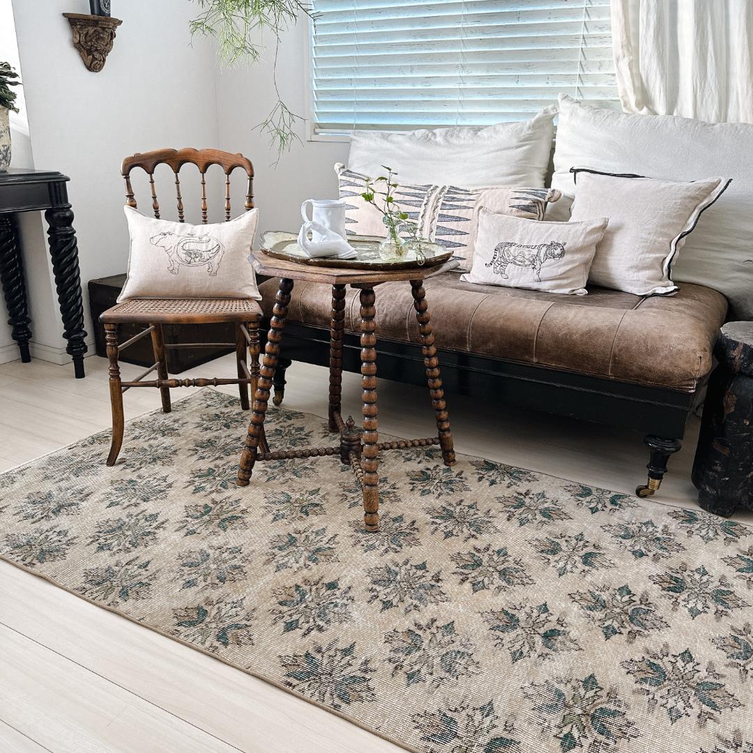 トルコ ヴィンテージラグ A116 ベージュ セージグリーン ダークグリーン