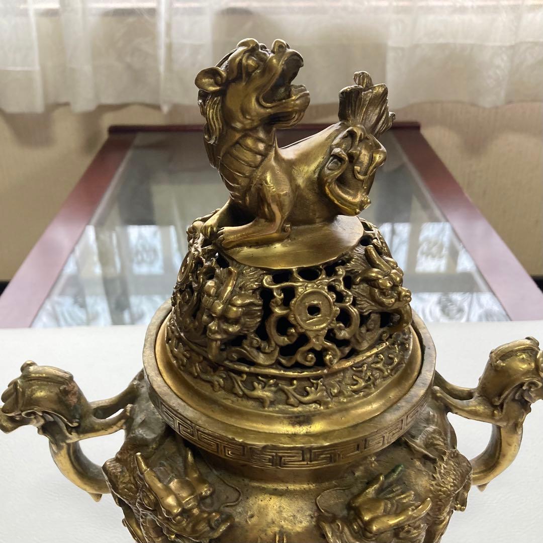 大明宣徳年鋳 香炉 銅製⁇ 真鍮⁇ 獅子 龍 工芸品 美術 大型 置物 レトロ