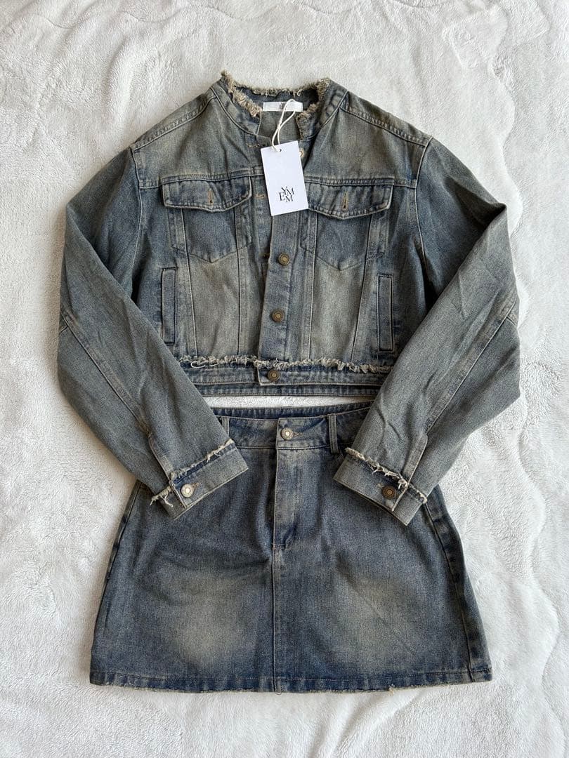 【早い者勝ち】値下げ‼️emmy ノーカラーフリンジデニムセットアップ サイズ F