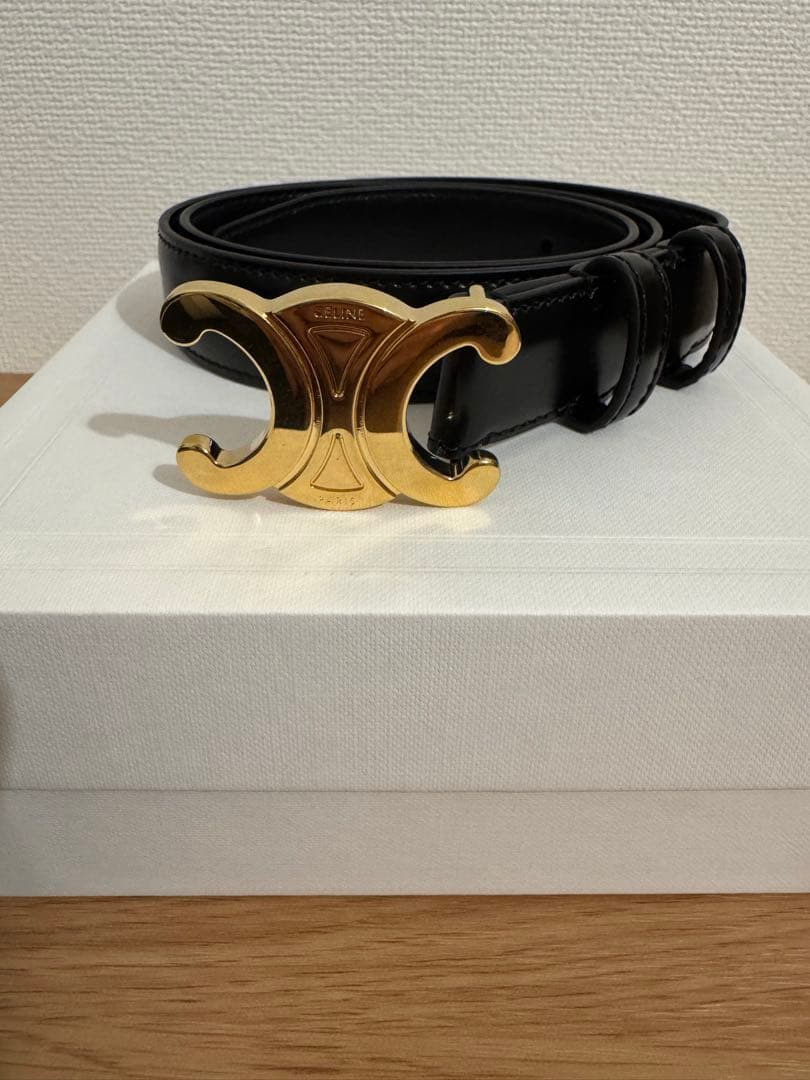 CELINE ブラックレザーベルト ゴールドバックル