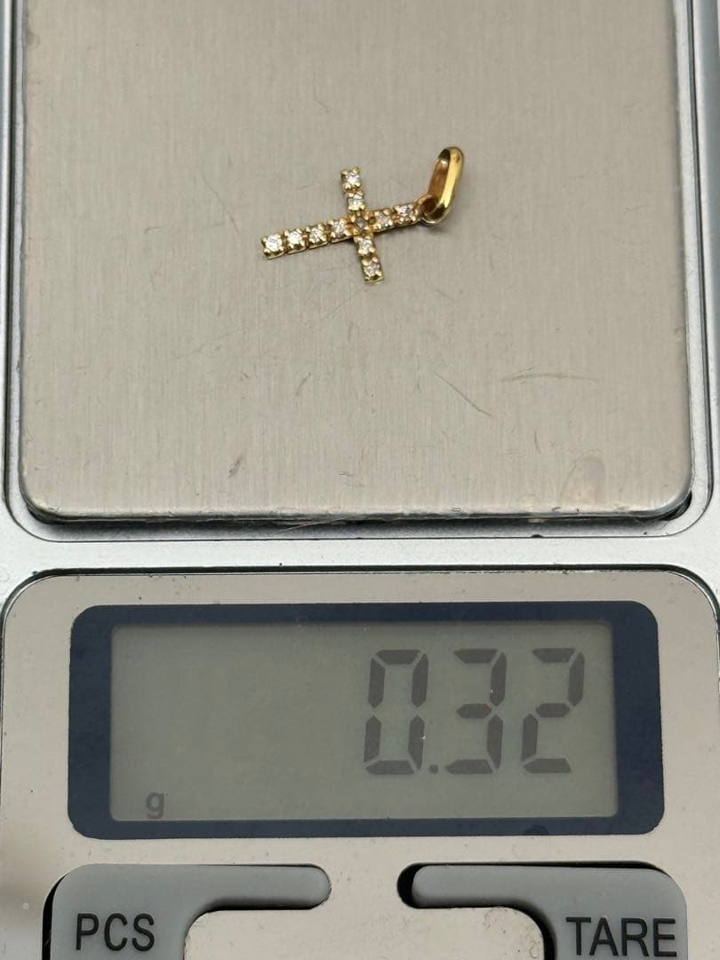 鑑別付 K18 天然ダイヤ クロス ペンダント 0.3g