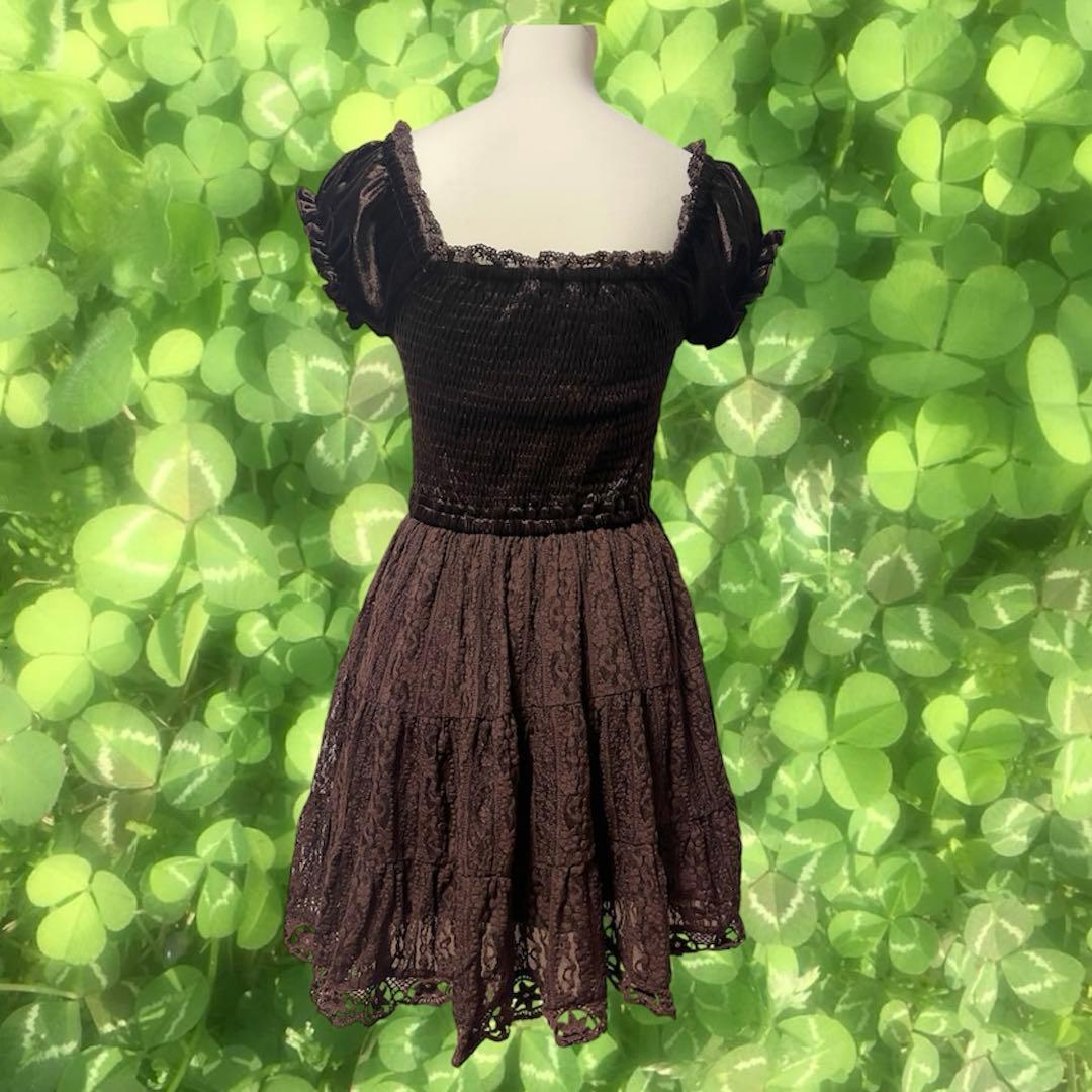 LIZLISA 希少 00sブラウン ベロア フリル レース ワンピース 半袖