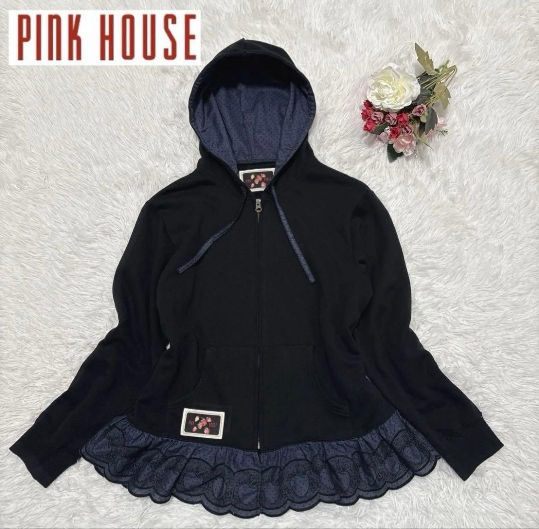 ピンクハウス いちごステッチレース使いパーカー ブラック フード Ｌ