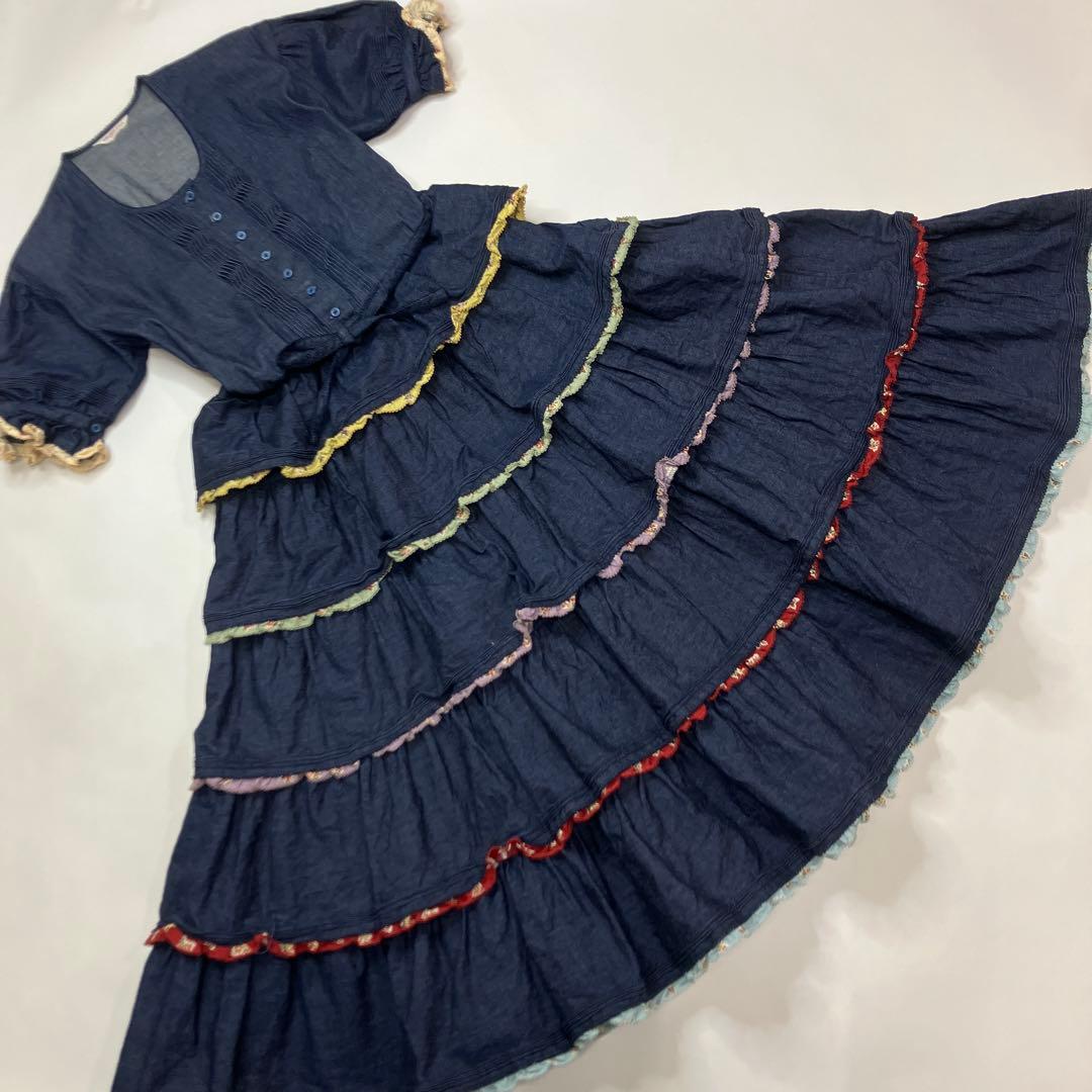 ワンダフルワールド ピコルリル使い 豪華デニム段々ワンピース