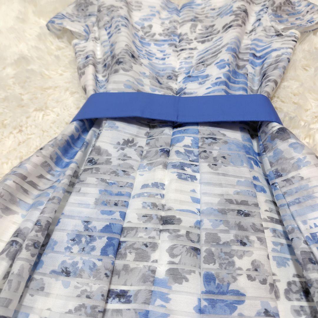 【美品♡人気デザイン】エムズグレイシー　シアーフラワーリボンフレアワンピース　青