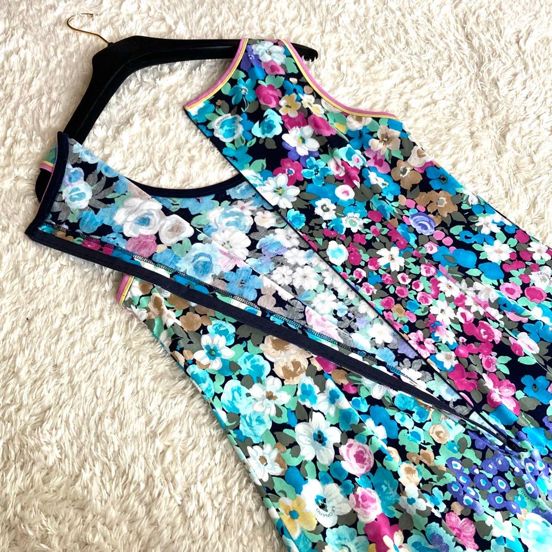 【極美品】レオナール ボタニカル フラワートリム Aライン ワンピース ブルー