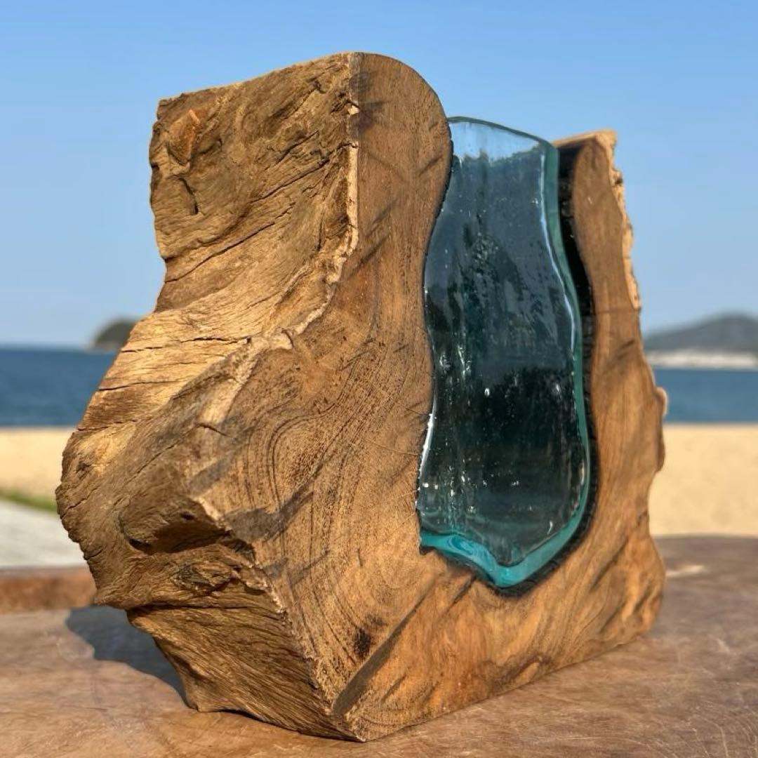 らい 天然木とガラスの花瓶UQ1 オブジェ 一輪挿し フラワーベース 作品