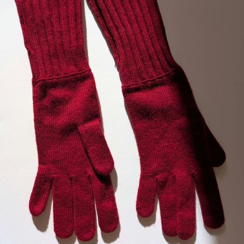 美品 HERMES カシミヤ手袋 赤 ロング丈 全長37.5 手囲い21 d01