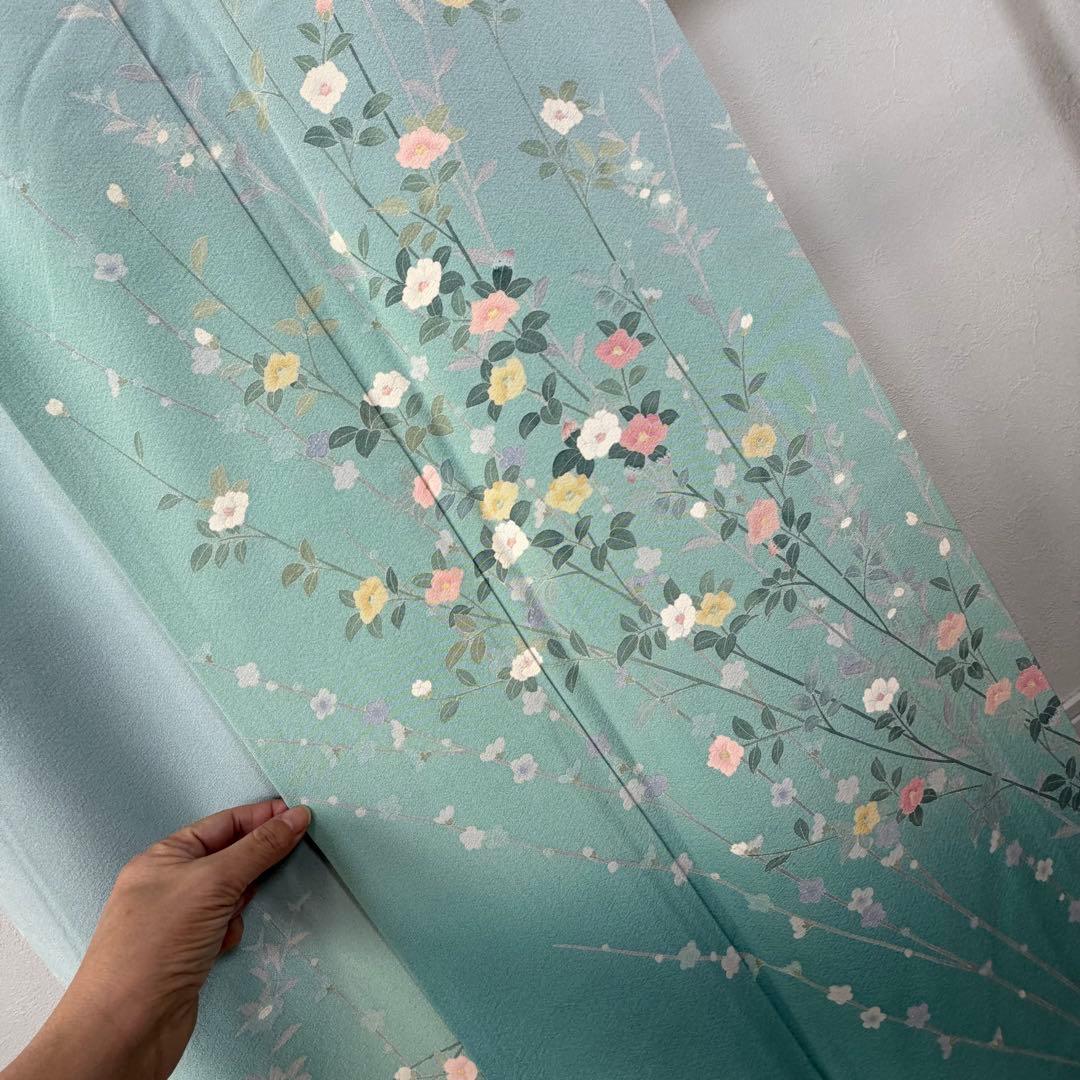 超美品　正絹　訪問着　着物　160　水色　作家物　峰山和生　手書き友禅　紋無し