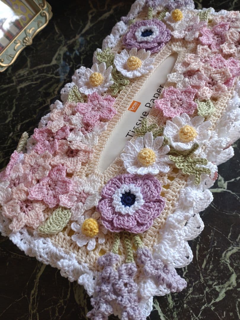 シクラメン様ティッシュボックスカバーかぎ編み生活道具レース編みドイリー