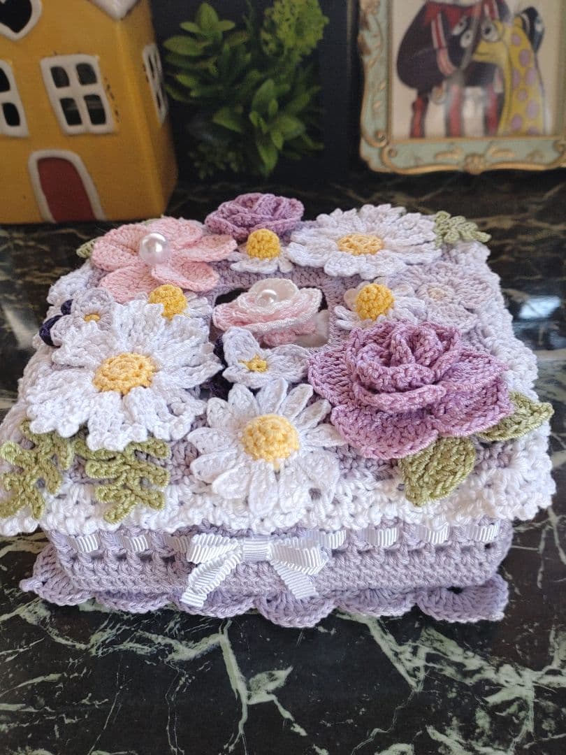 シクラメン様ティッシュボックスカバーかぎ編み生活道具レース編みドイリー