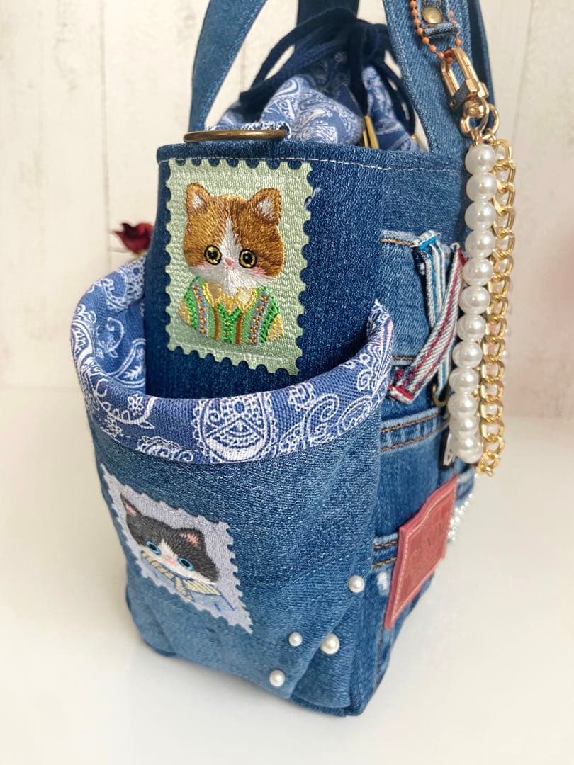 デニムリメイクバックS パールデニム×猫