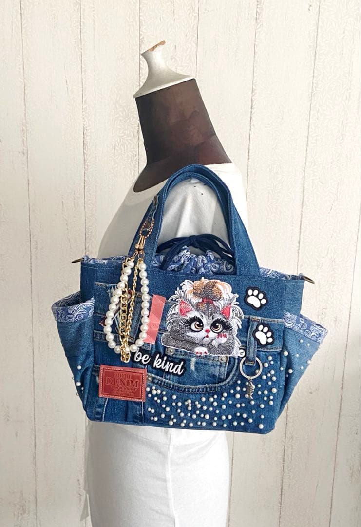 デニムリメイクバックS パールデニム×猫
