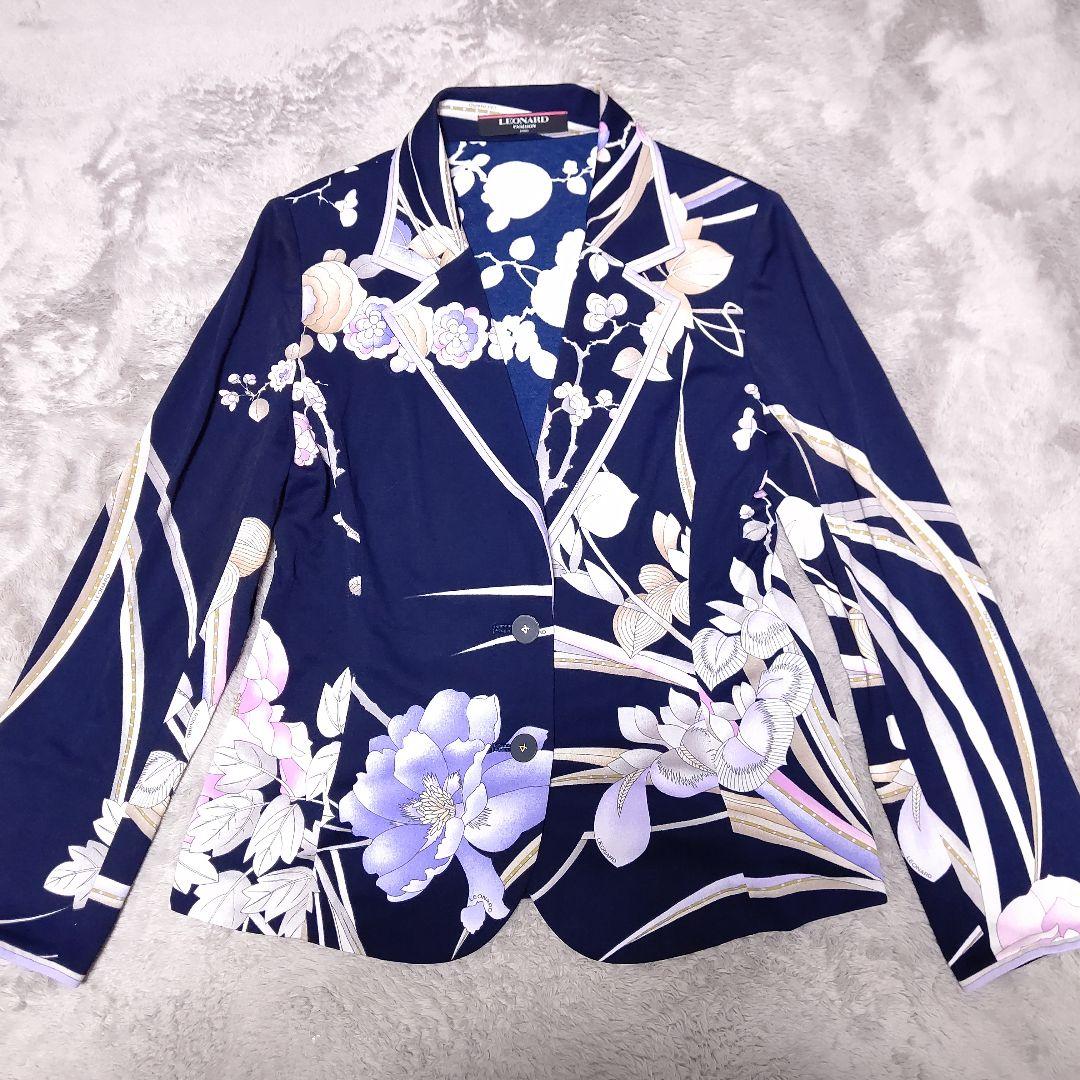 LEONARD ネイビー 花柄 テーラードジャケット カンカン