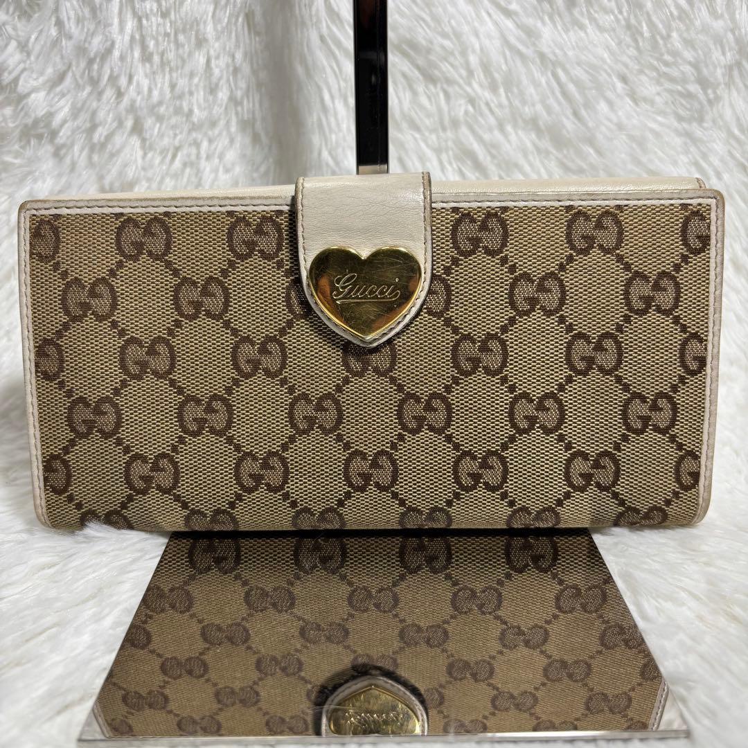 美品✨ グッチ 長財布 ラブリーハート GGキャンバス レザー 白 二つ折り