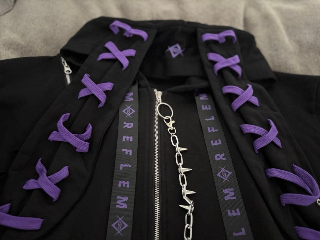 REFLEM レフレム うさ耳ダメージZIPアップ半袖パーカー (紫・パープル)