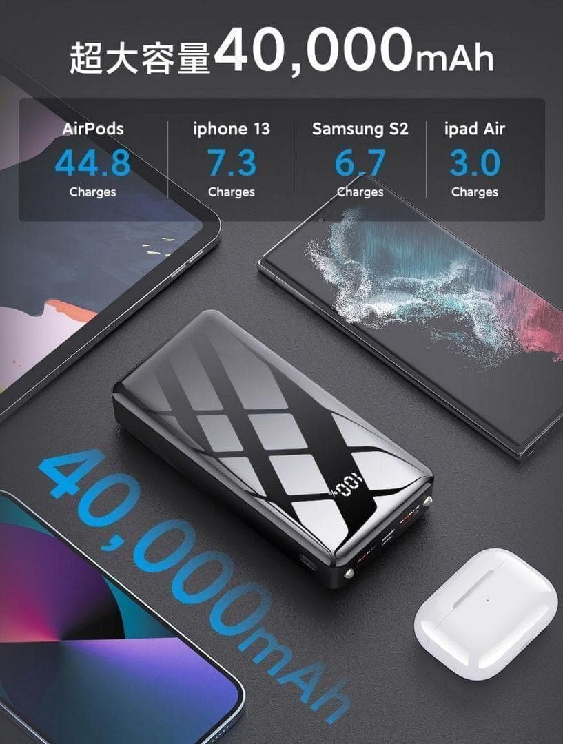 モバイルバッテリー 40000mAh大容量 3台同時充電　スマホ充電器　ブラック