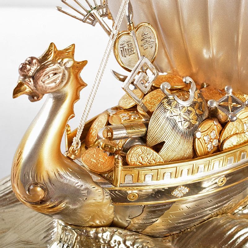 銀製　宝船　置物　ガラスケース　時代箱付　F　R5380B