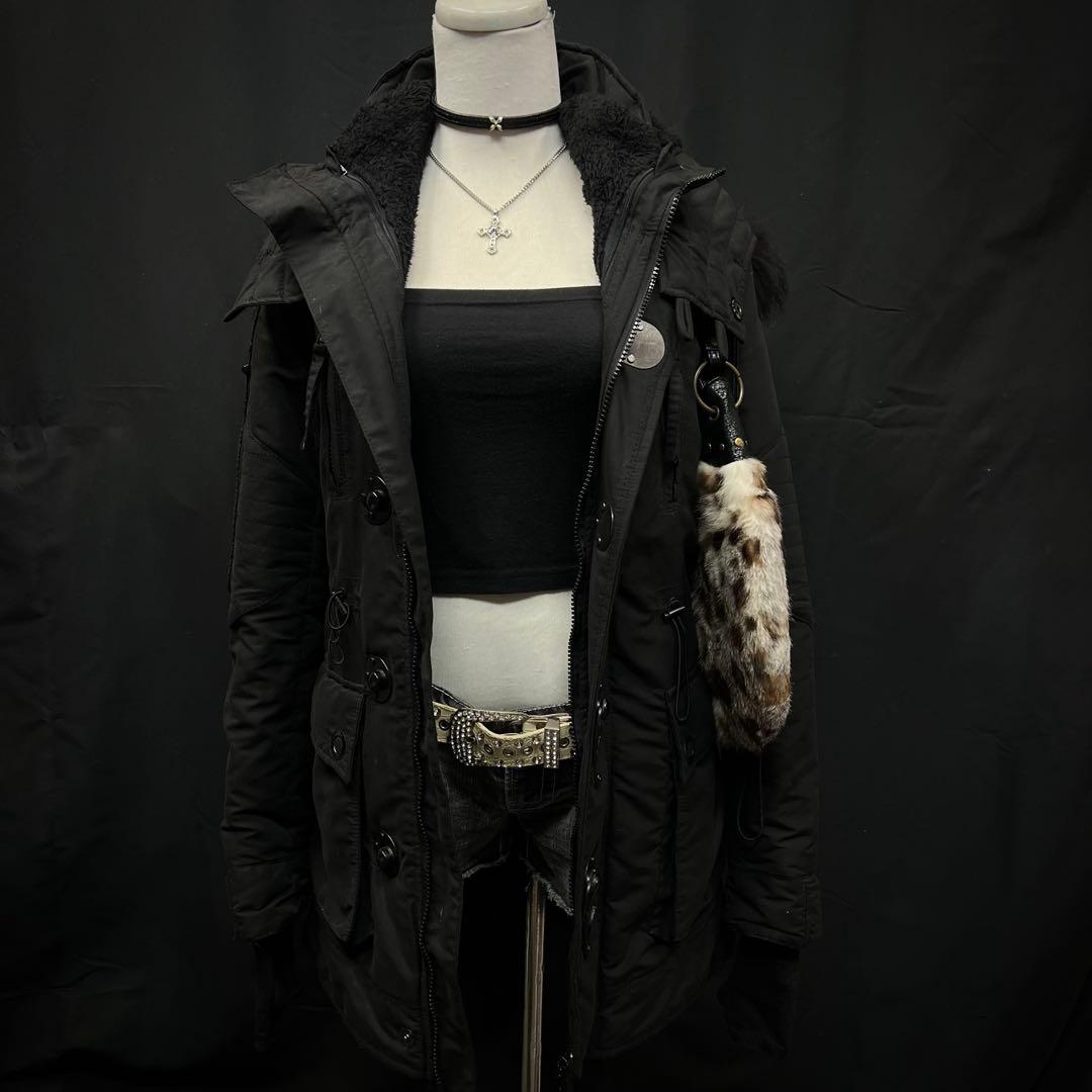 平成ギャル　y2kグランジ　ダークコア　リアルファー付き　モッズコート　ギミック