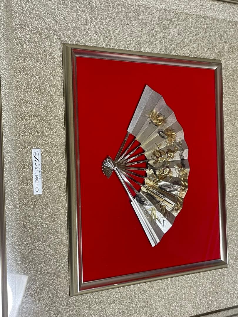 純銀製品 置物 和風デザインの扇子とサイン入り写真