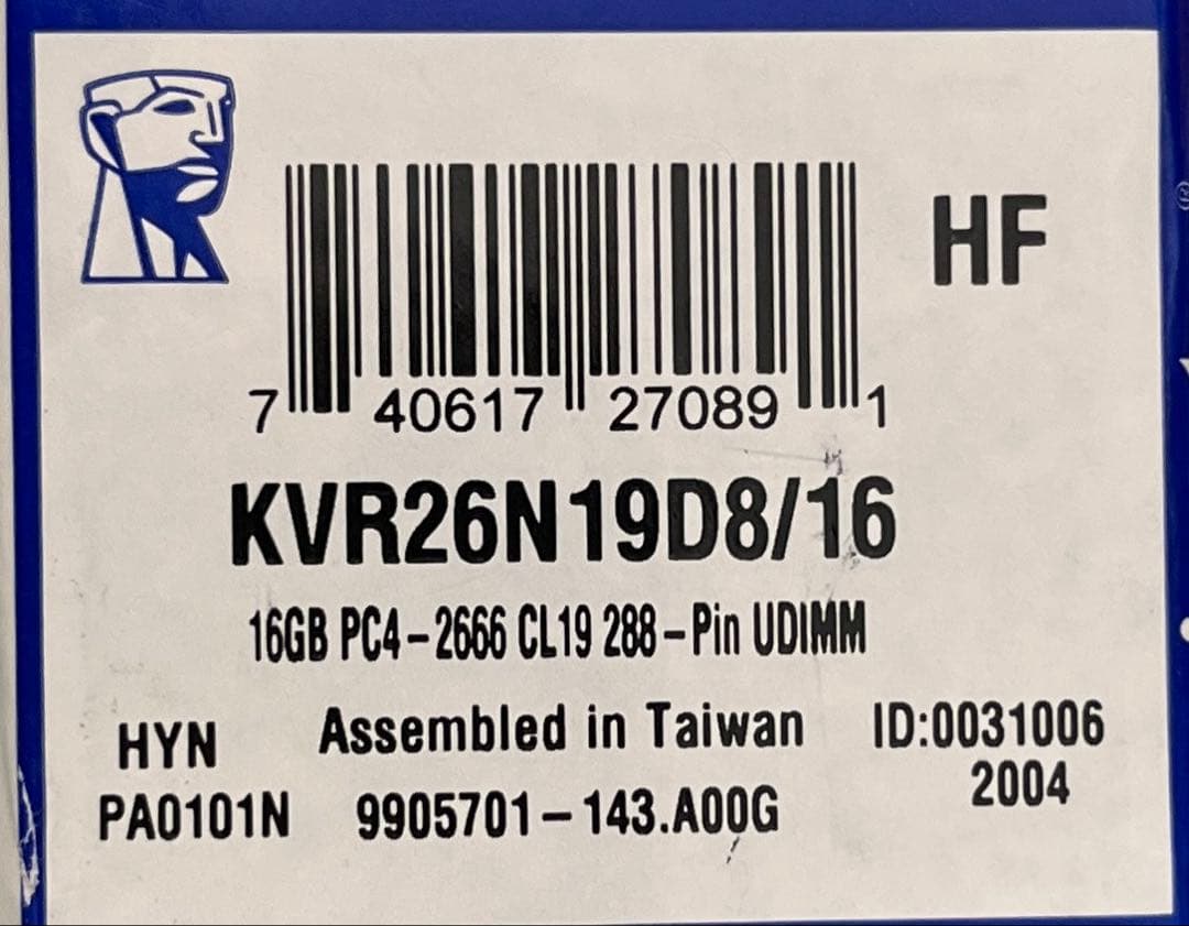KVR26N19D8/16 16GB DDR4 2666MHz メモリ